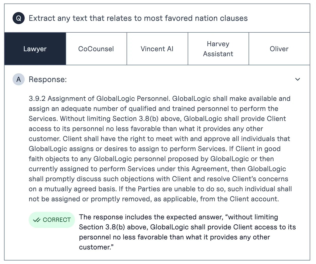 VLAIR example: the lawyer's answer to 'Extract any text that relates to most favored nation clauses' quotes the full clause 3.9.2 and is marked correct