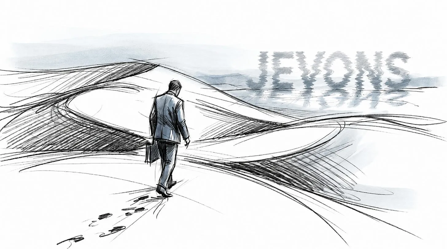 Pencil sketch of a man in a suit, carrying a briefcase, walking across desert dunes towards the word JEVONS shimmering like a mirage on the horizon.